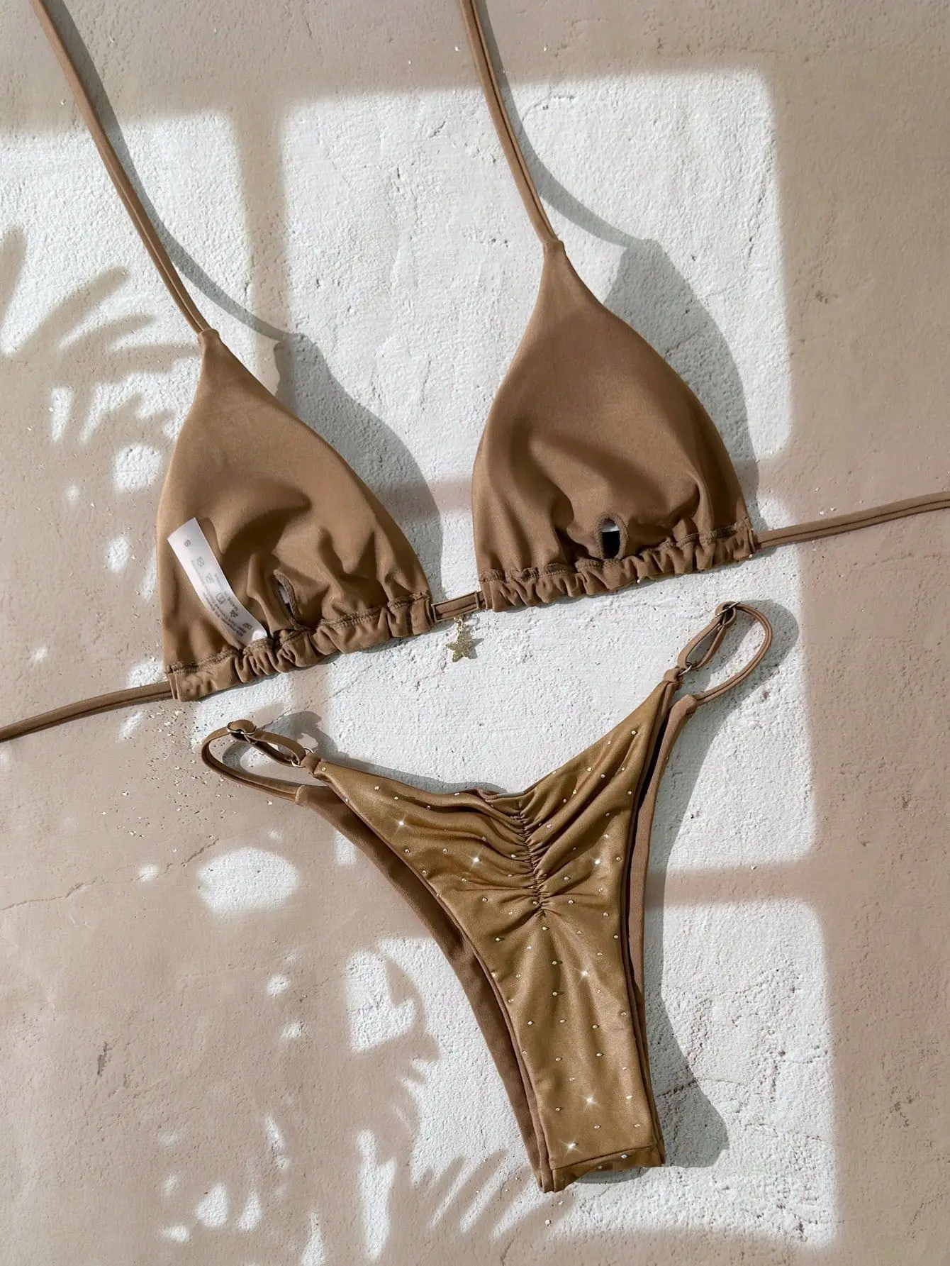 Sexy Diamond Coffee Bikini Set 2026 Women Metal Starfish Push Up Bra Pleate Thong Swimwear Beach Bathing Suit Micro Swimsuit