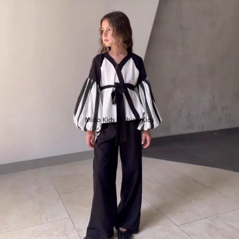 

Russian-style girls' spring/autumn lace-trimmed colour-blocked shirt + wide-leg trousers American-style children's two-piece set