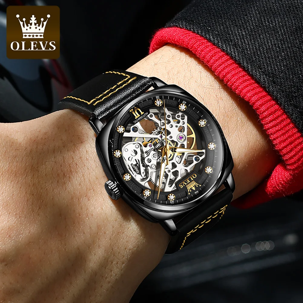 OLEVS 6651 Automatic Watch for Men Leather Strap Fully Hollow Out Wristwatch Man