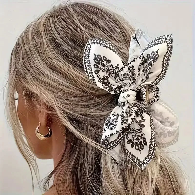 

Bohemian Bow Hair Claw Clip Large Cashew-Shaped Hair Claw Blue Brown Paisley Design Secure Grip Women Girl Vacation Headwear