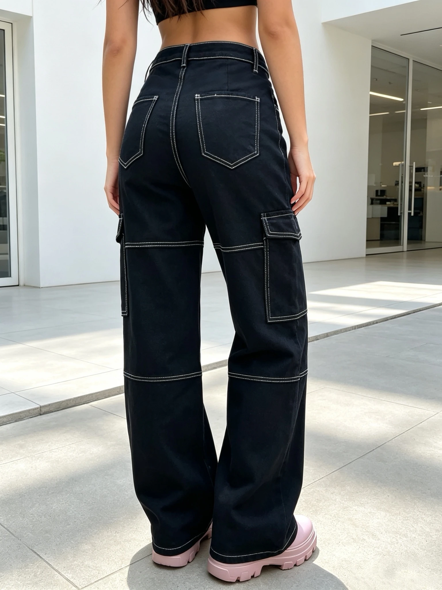 Women's High Waist Black Cargo Jeans Contrast Stitch Wide Leg Denim Pants with Multiple Pockets Casual Streetwear Trousers
