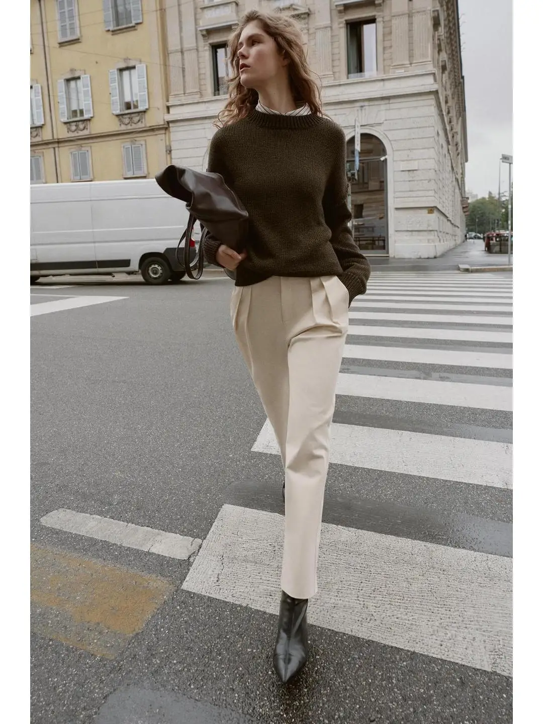 블루 스트랩 장식이 있는 캐주얼 하이웨이스트 플리츠 팬츠 다용도 가을 겨울 출퇴근 패션 여성 바지