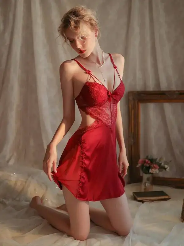 فستان نسائي بحزام صدر من الحرير الجليدي رفيع ومثير بحزام من الدانتيل بدون ظهر عميق على شكل حرف V بدون أكمام بلون سادة أنيق XHSS #5