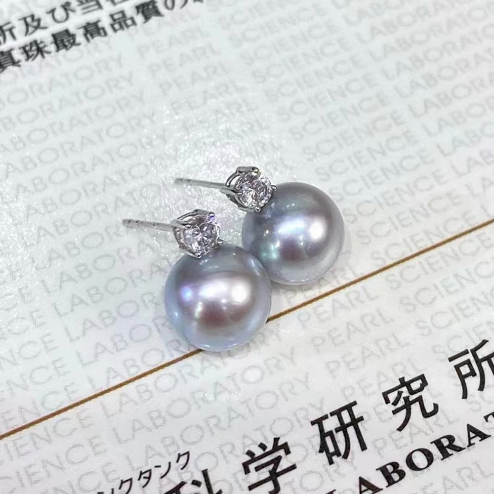 

Simple and Delicate Style Classic 18K White Gold Princess Earrings with Superb 8-9mm Silver Blue Japanese Natural Akoya Pearls