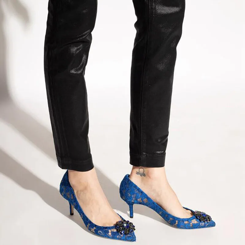 

Glitter Flower Crystal Lace Pointed Toe Wedding Pumps 6/9cm Stiletto Heels Shallow Slip On Women Banquet Dress Shoes