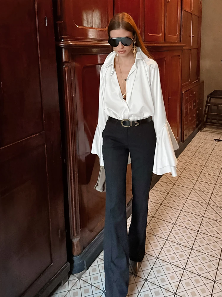 Lady White Ruffle Bell Sleeve Button Down Blouse Oversized V-neck French Style Casual Streetwear Relaxed Chic Daily Street Tops