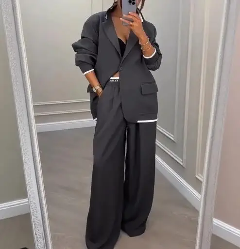 

Autumn New Women's Formal Versatile Blazer Suit Set Single Breasted Blazer with Wide Leg Pants Two Pieces Set
