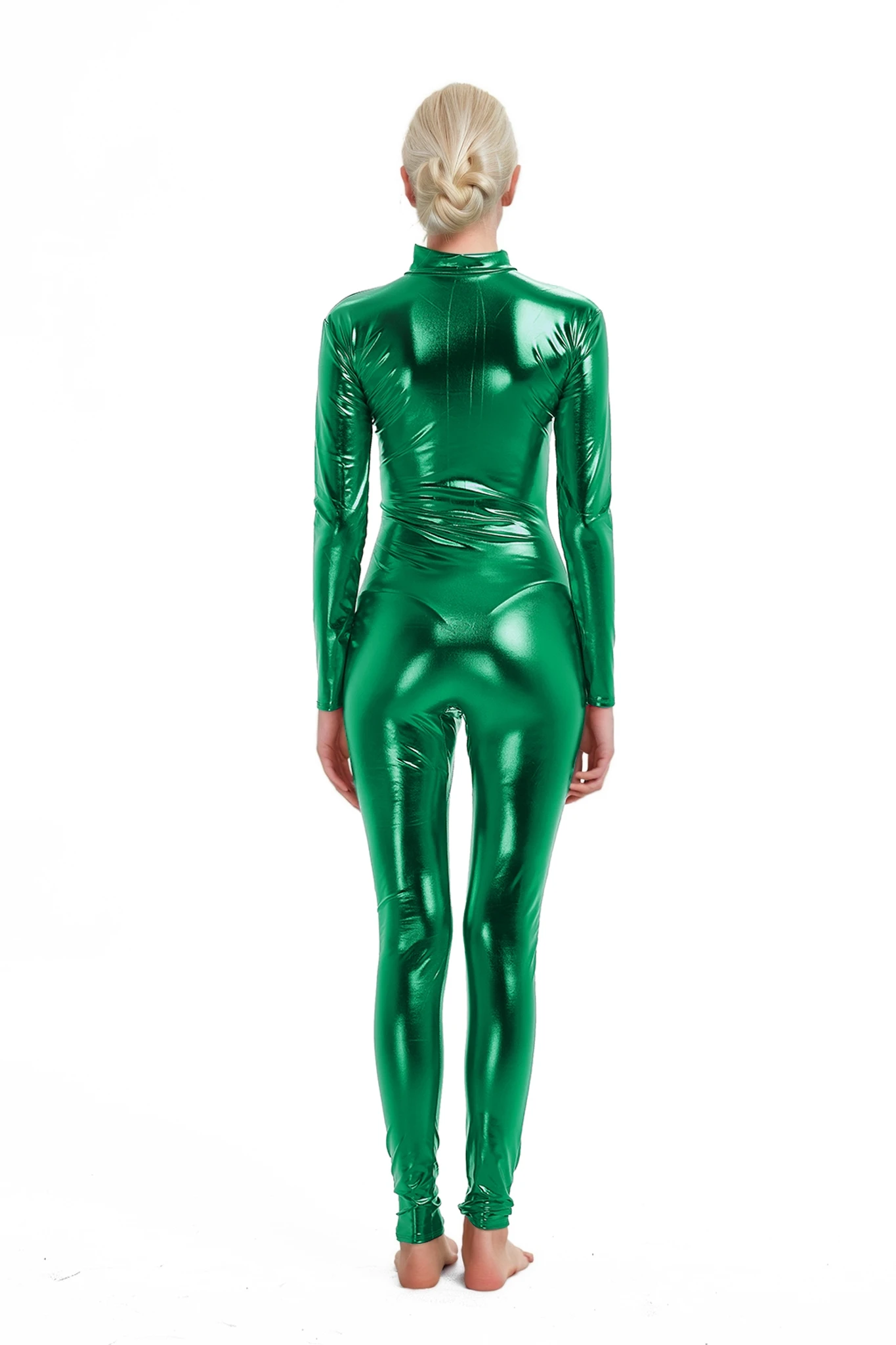 Womens Shiny Metallic Bodysuit Chest Zipper Adult Costume Zentai Catsuit Jumpsuits Cosplay