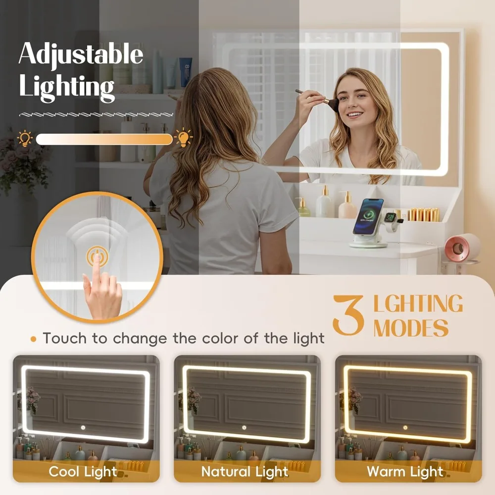 Tocador con luces y espejo, mesa de maquillaje en forma de L, tocador con soporte para secador de pelo y toma de corriente,