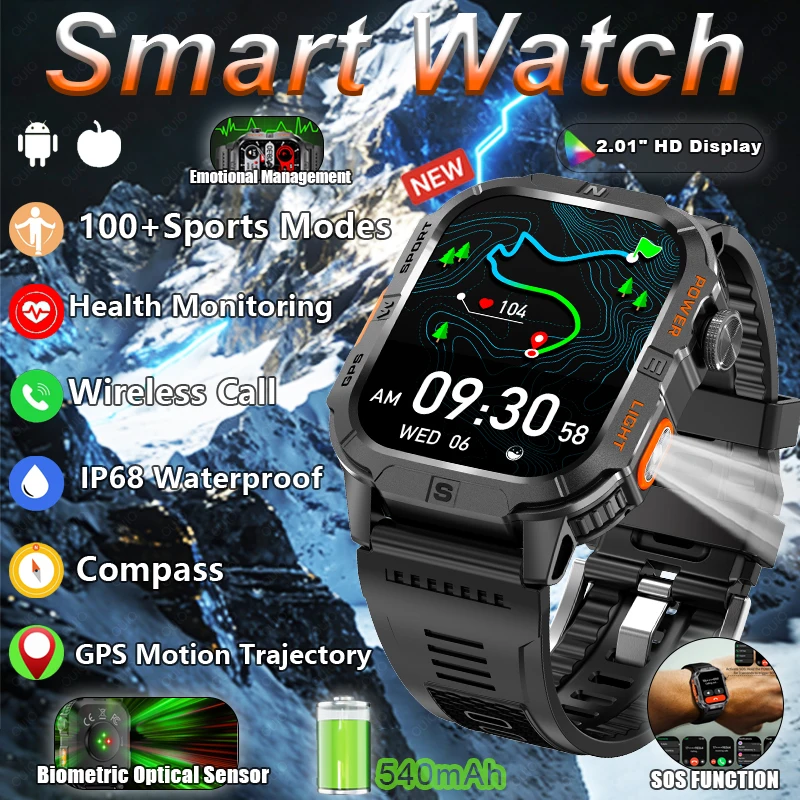 

Новые спортивные смарт-часы 2026 года с GPS, отслеживанием активности, HD-дисплеем 2,01 дюйма, измерением уровня кислорода в крови, водонепроницаемостью IP68, компасом и функцией беспроводных звонков