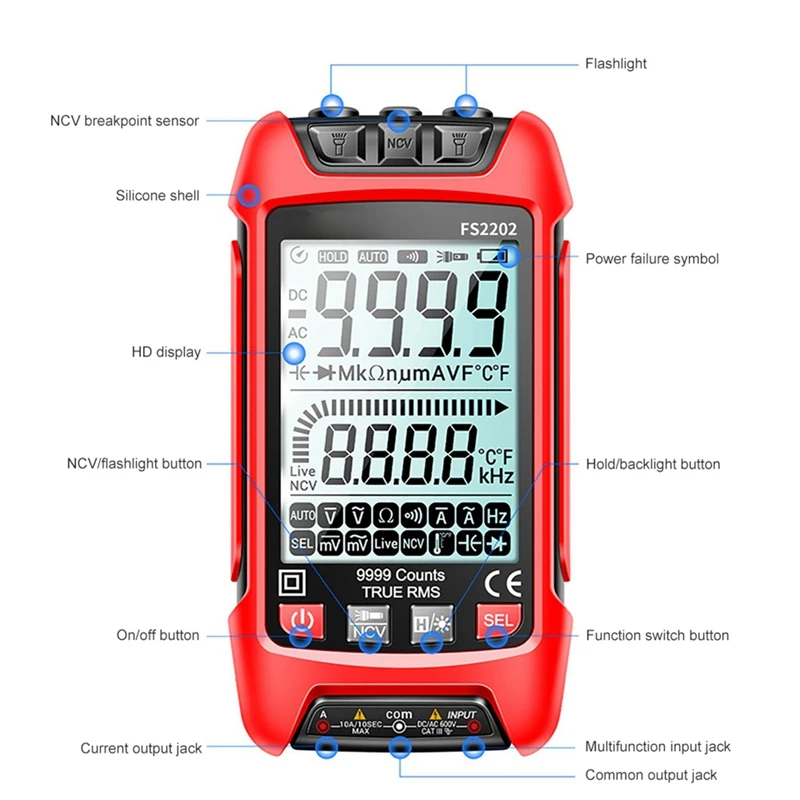 FS2202 Auto Range Digital Multimeter 9999 Counts TRMS AC DC Voltmeter Amp NCV Resistance Capacitance Transistor Tester