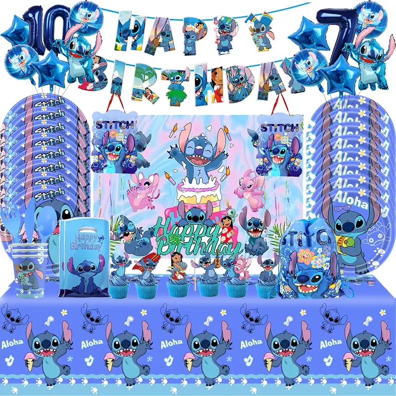 Blue Disney Stitch Birthday Party Decorations Paper Tableware Kit Tablecloth Stitch Balloon Happy Backdrop Supplies For Kids Boy