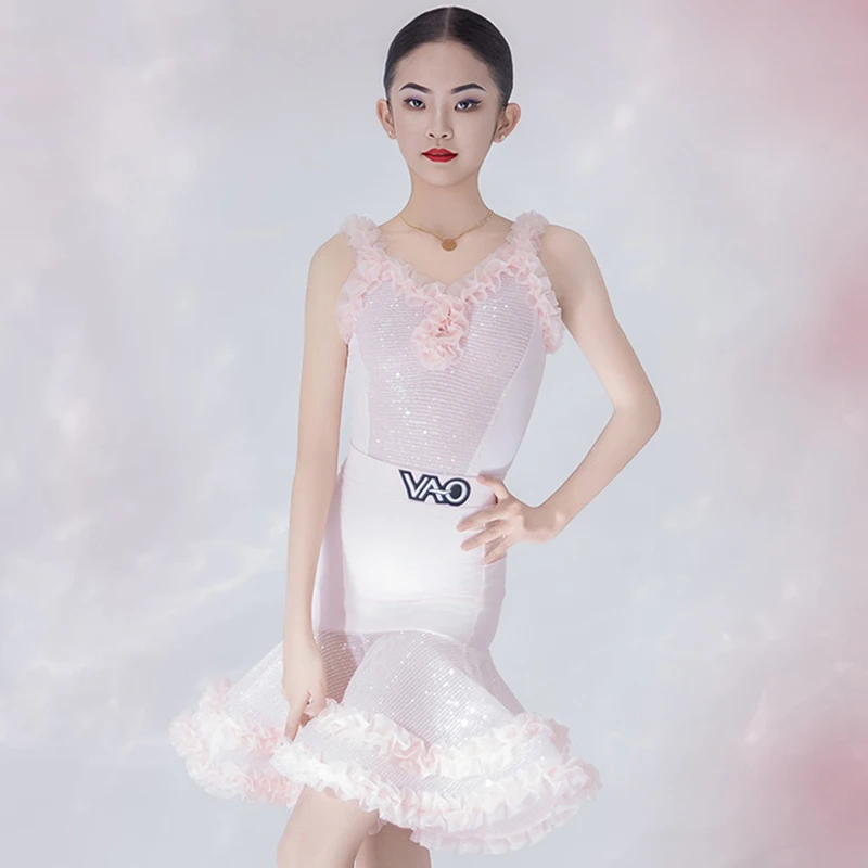 

Latin Dance Dress Girl Summer Dance Suit Pink Ruffle Skirt Sleeveless Bodysuit Children Samba Rumba Costume Training Wear 1727