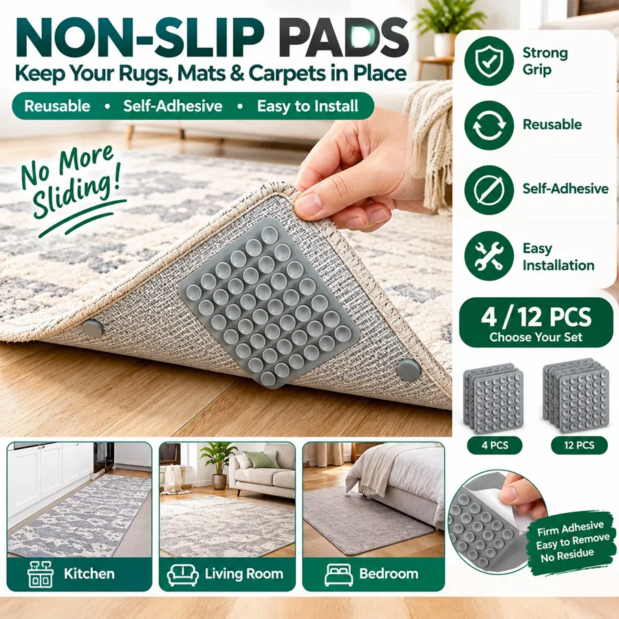 4/12 Pcs Reusable Rug Gripper Non Slip Pads, Anti Curling Carpet Fixator, Prevents Sliding for Kitchen Living Room Bedroom