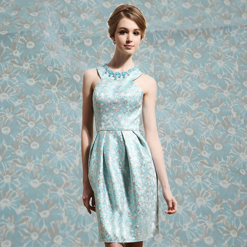 High-grade Micro-framework Exquisite Light Blue Small Daisy-dyed Jacquard Fabric Small Coat Dress A-line Skirt Fashion Cloth