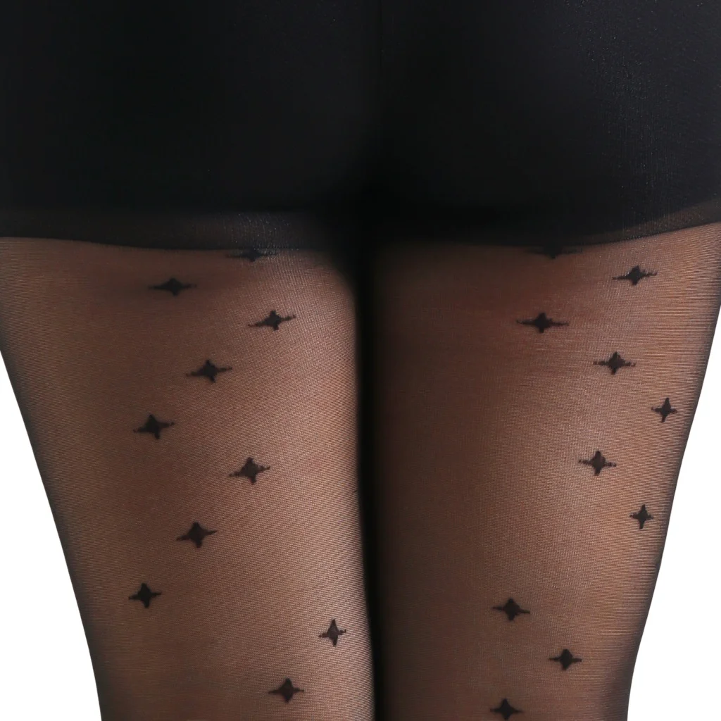 Damen Übergröße 4XL 20 Denier Schwarze Strumpfhose mit Sternenmuster auf der Rückseite Transparente Strumpfhose mit Formgebendem Bund – Detail 8