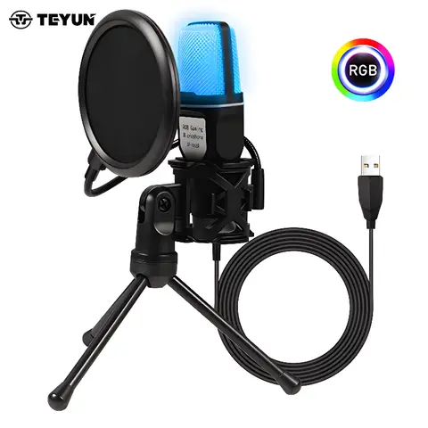 충격 마운트 삼각대가있는 저렴한 RGB 3.5mm USB 녹음 마이크 키트 노트북 데스크탑 유선 컴퓨터 게임용 마이크 (PC 휴대폰 용)