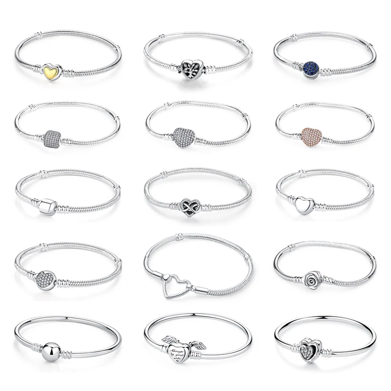 Original 925 Sterling Silver Bracelets Bangles Love Heart Clip Charms Beads Snake Chains For Women Rose Gold DIY Luxury Jewelry
