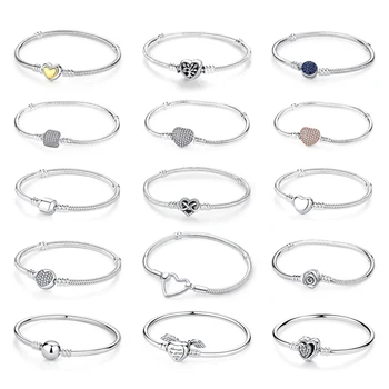 Original 925 Sterling Silver Bracelets Bangles Love Heart Clip Charms Beads Snake Chains…