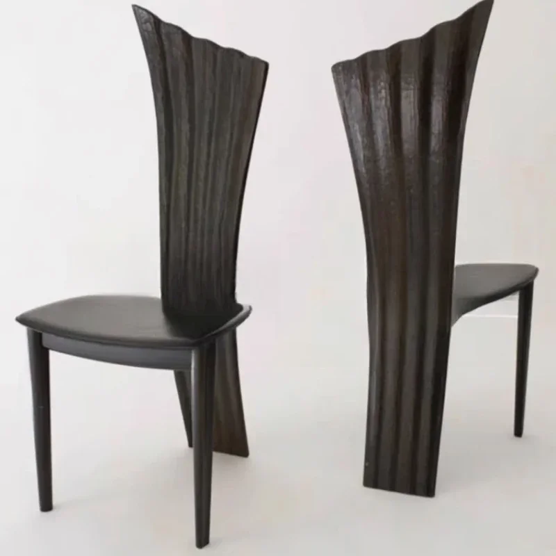 

Retro solid wood black dining chair, medieval carved designer home art high back decorative chair, homestay fan chair