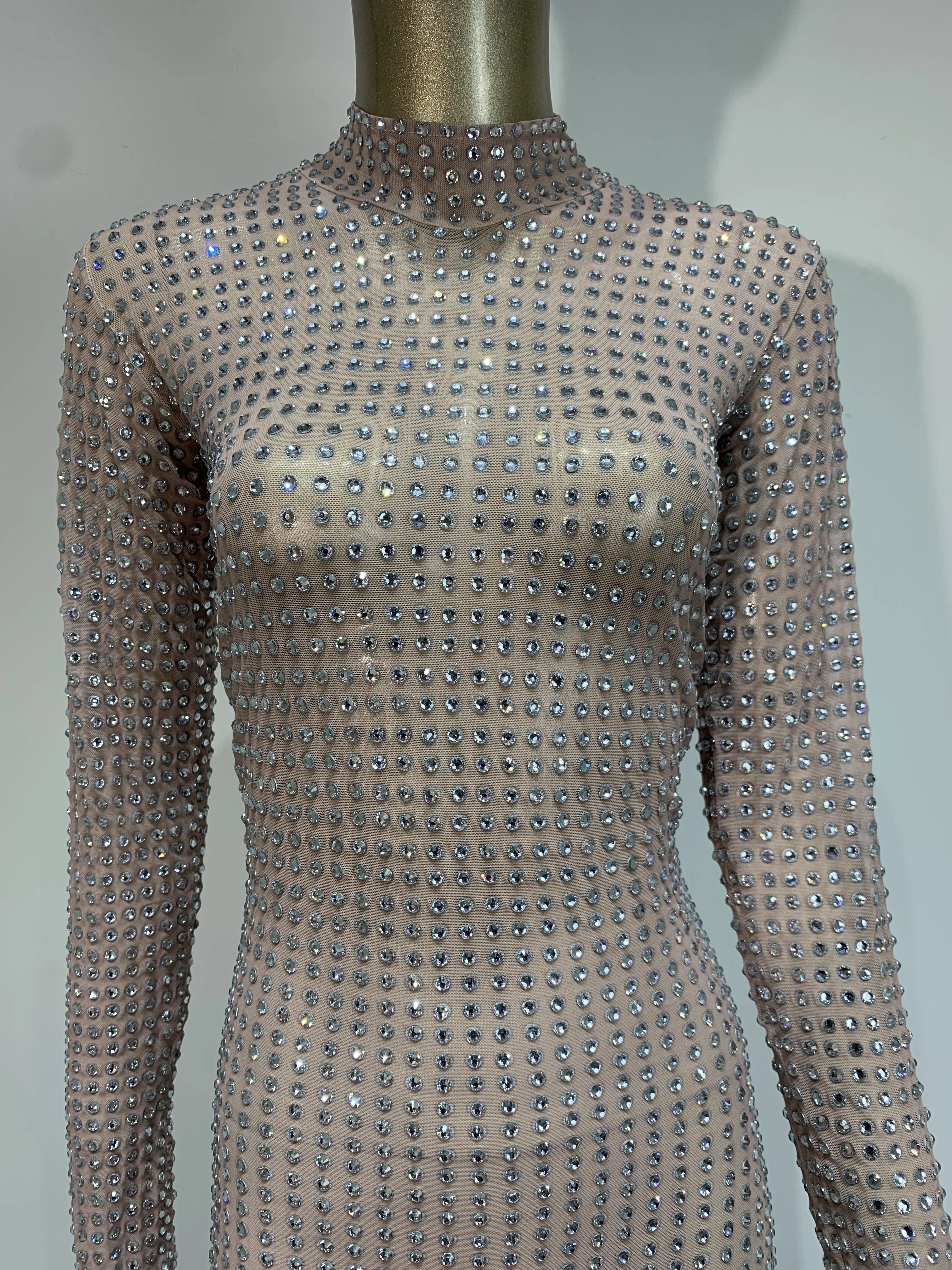 2025 nuevo vestido transparente para sesión de fotos, vestido largo Sexy de malla elástica con diamantes de imitación brillantes, traje elegante para fiesta de graduación y celebridad