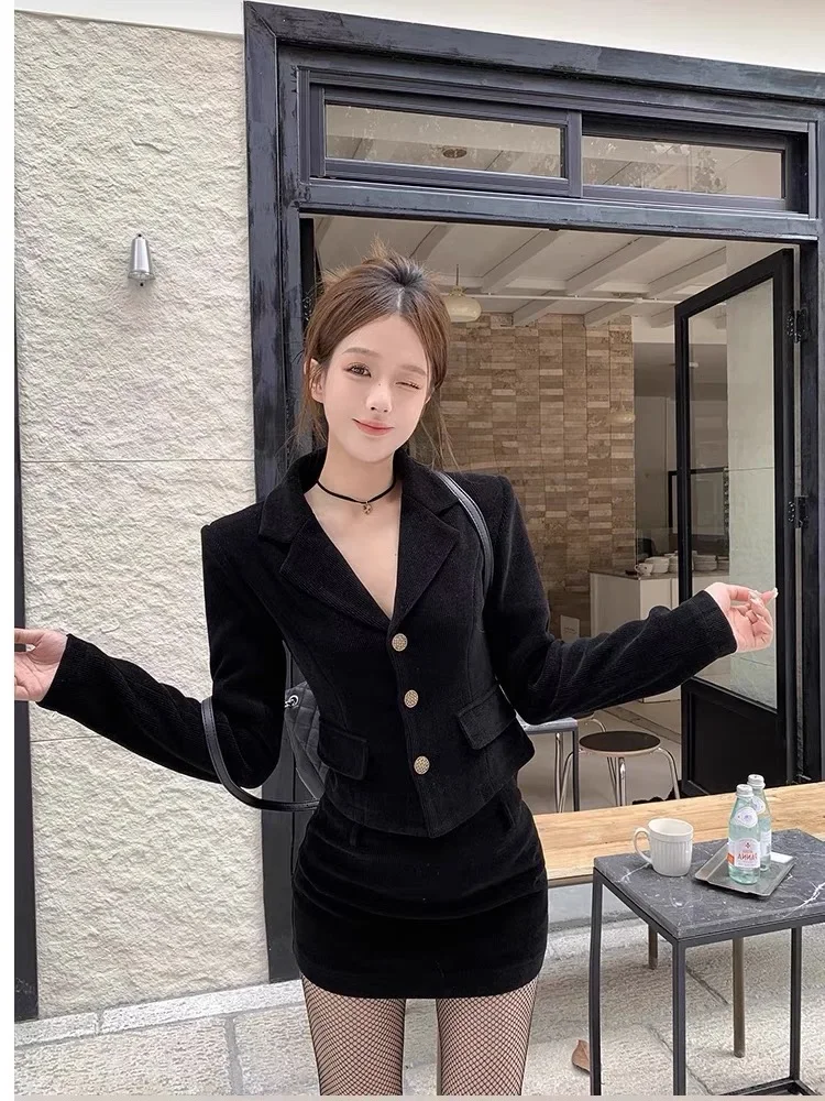 

Insozkdg Black Skirt Suits Short Jacket Women Autumn Winter 2024 New Hip-Wrapped Half Skirt High-End Two-Piece Set High Quality