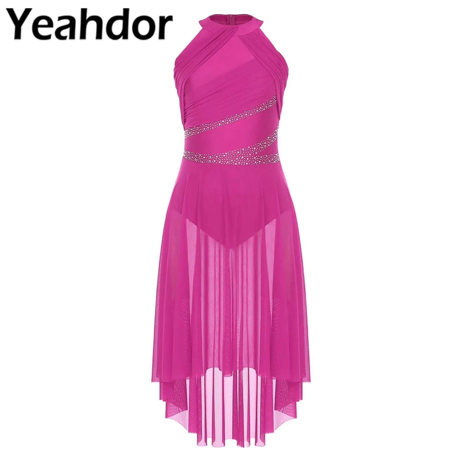 

Женское платье для фигурного катания, Одежда для танцев, без рукавов, асимметричный подол, блестящее женское платье