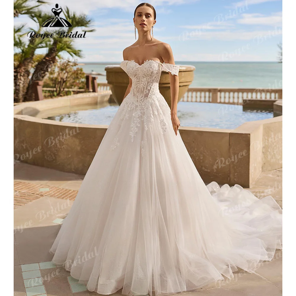 2027 Ball Gown Wedding Dress Sweetheart Off The Shoulder Sleeves 3D Floral Lace Sparkle Tulle Vestido De Novia Customized