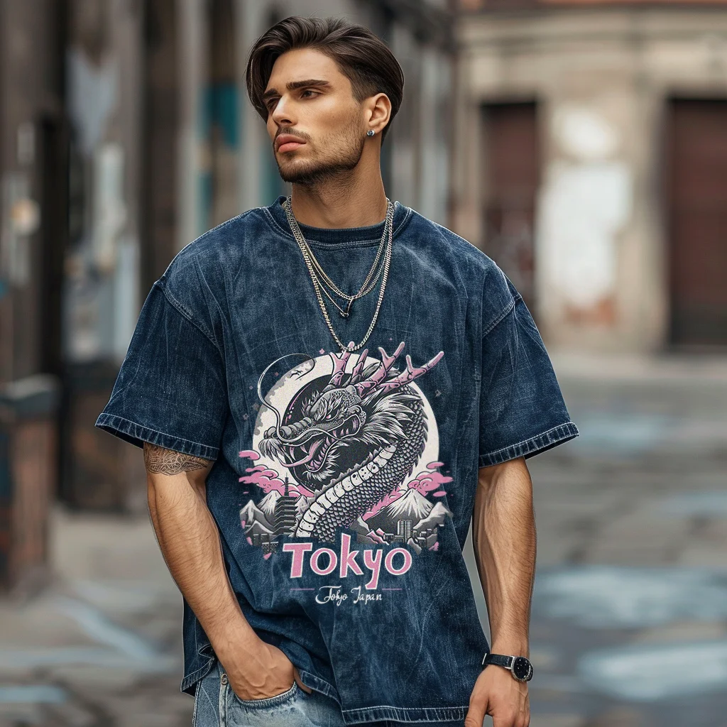 Ukiyoe Dragon Shirt Japan Tokyo, Hiphop Tops Y2K Washed T-shirt, Oversized Streetwear Vintage Washed Surf TShirts For Men Women