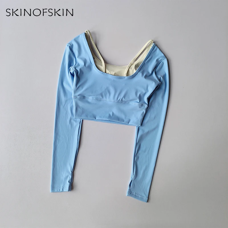 Yoga-Kleidung Langärmeliges Damen-Einteiler-Crop-Top mit Cups Schlankmachendes Schnelltrocknendes Lauf-Trainings-T-Shirt Sport-Fitness-Kleidung – Detail 11