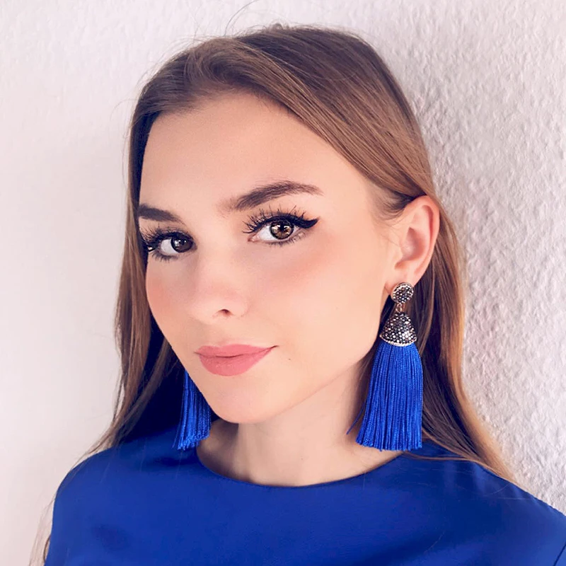 Women Bohemian Crystal Long Tassel Dangle Earrings For Girls Black Red White Silk Fabric Drop Earring Woman Accessories Jewelry