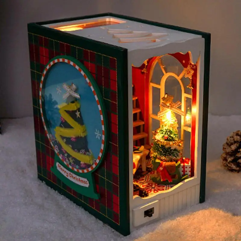 Miniature Book Nook Kit Decorative Miniature Bookends Kit 3D Wooden Merry Christmas House Model Build Bookshelf Decor Miniature