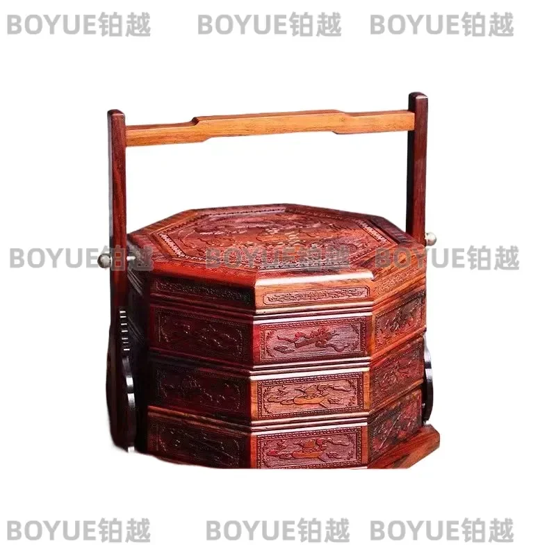 Vintage Rosewood Tiered Basket Engraved Chinese Food Storage Box Classical Home Ornament Wooden Lunch Organizer