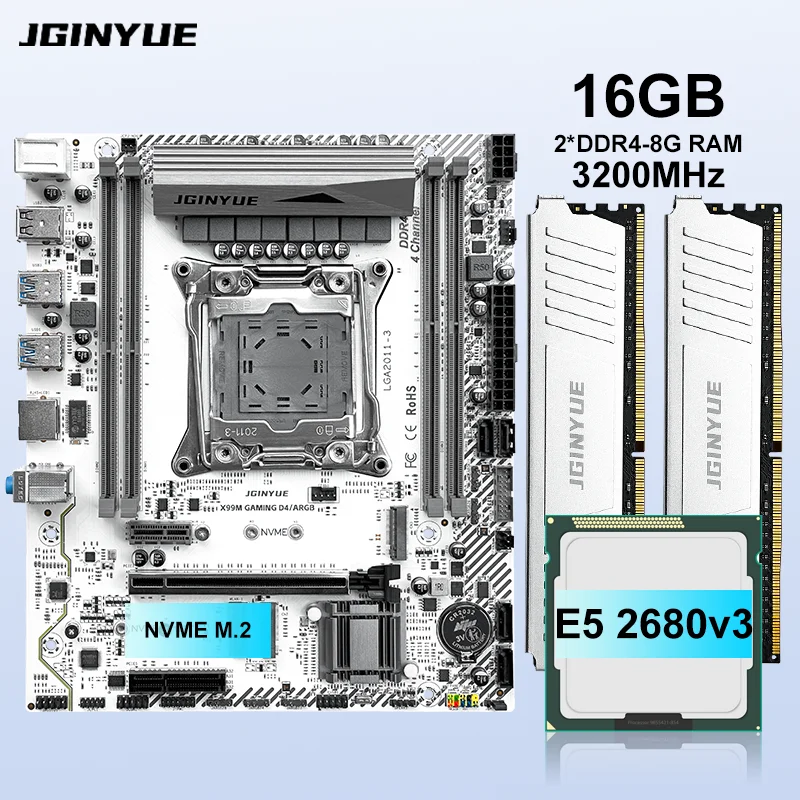 JGINYUE X99 Motherboard LGA 2011-3 +Xeon E5 2680 V3+16GB（2*8GB）3200MHz DDR4 RAM Memory M.2 NVME SATA WIFI X99M GAMING D4/ARGB