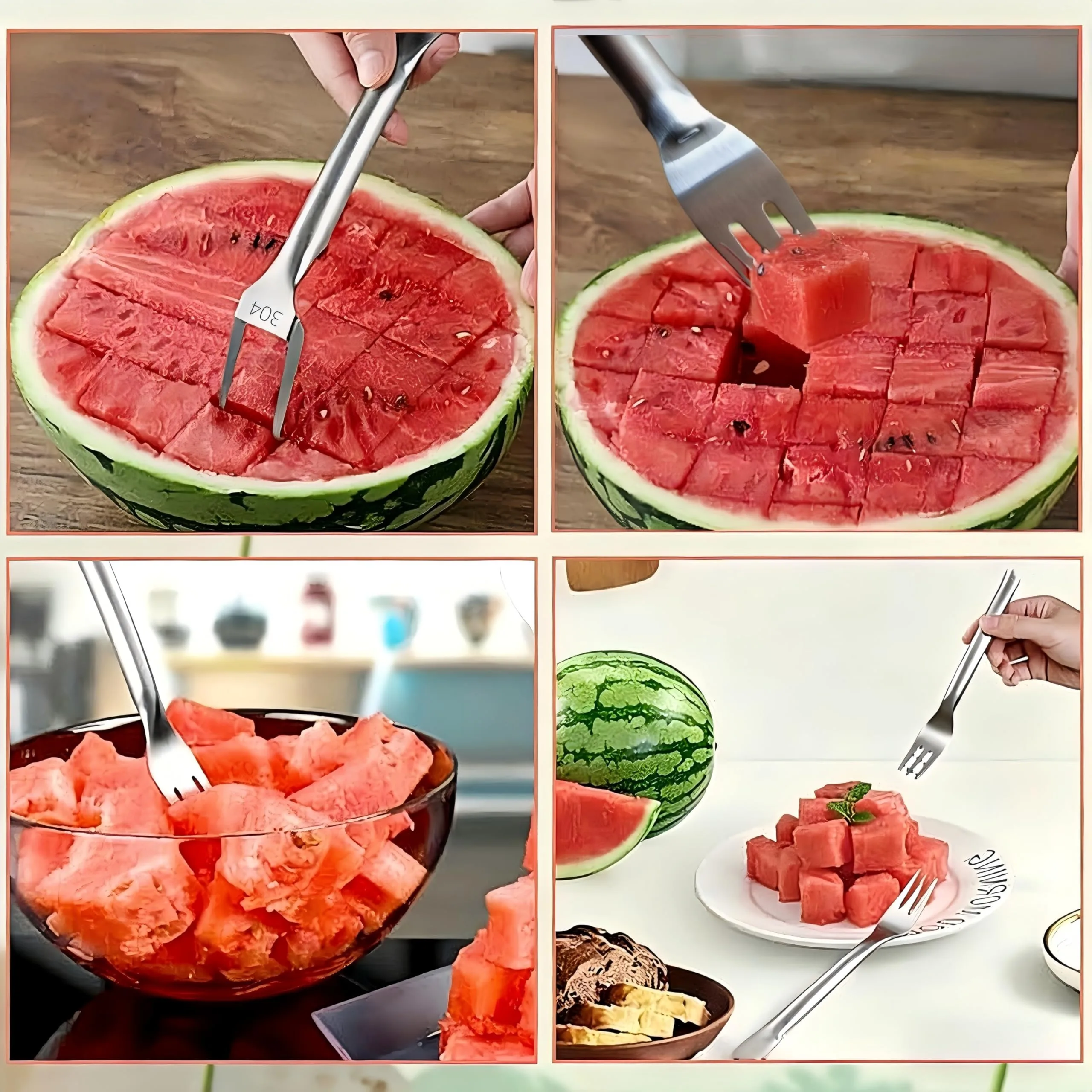 2-in-1 Watermelon Fork Slicer, Stainless Steel Fruit Cutter, Dual Head Watermelon Slicer Tool for Cubes, Portable Melon Cutter for Home Kitchen Picnic Party Camping (1 PC)