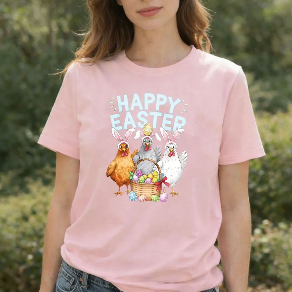 Happy Easter Chicken T-Shirt Cartoon Chickens with Bunny Ears Egg Basket Graphic Playful Festive Casual Outfits Short-sleev