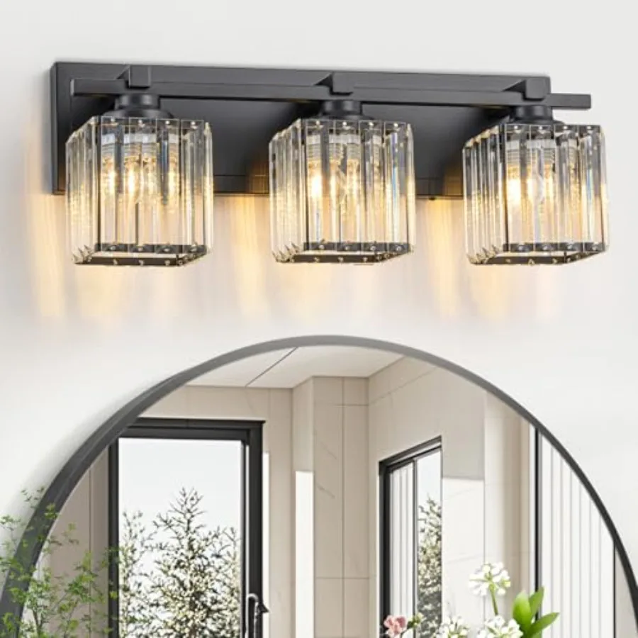 

Crystal Bathroom Light Fixtures 3 Light Black Vanity Lighting Over Mirror with Crystal Shades Modern Bathroom Vanity Light for