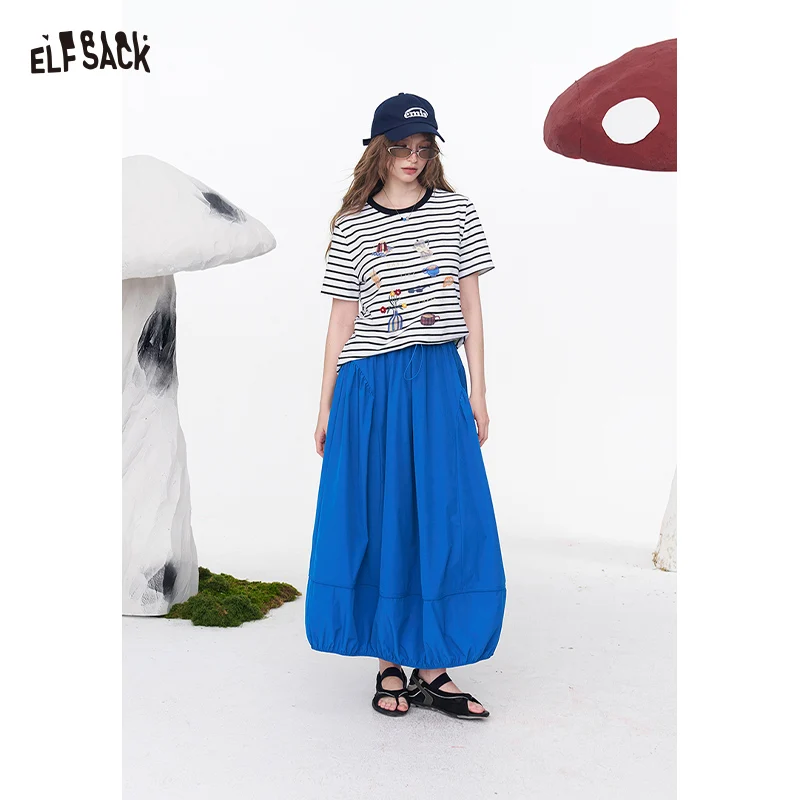 

ELFSACK Elastic Waist Drawstring Lantern Skirt, Casual Lightweight Midi Skirt, Bohemian Flowy Outdoor Skirt for Women