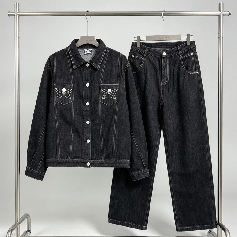 Classic Trendy Black Set Mertre Denim Jacket Streetwear High Quality Casual Loose Embroidered Pattern Cowboy Coat