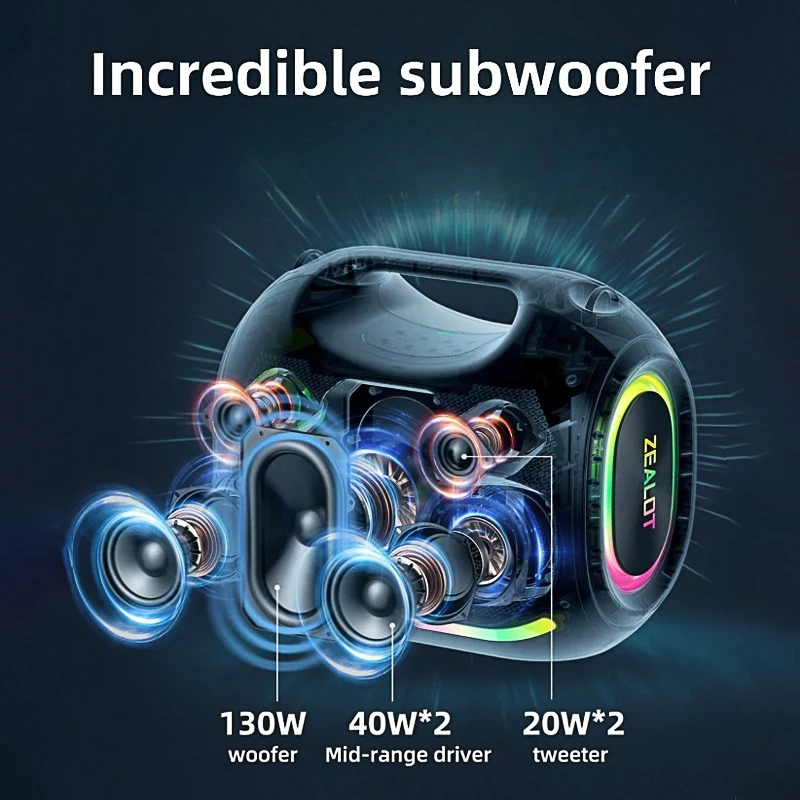 ZEALOT ZE21 Altoparlante wireless da 250 W, portatile da esterno, batteria lunga 48000 mAh, con luci colorate RGB, fino a 18 ore di riproduzione.