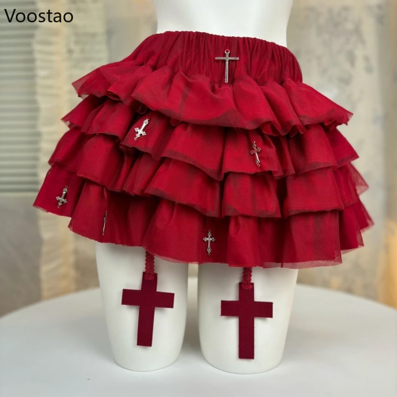 

Красная готическая юбка в стиле Лолиты, японская модная женская юбка с металлическим крестом, сексуальные вечерние мини-юбки в стиле панк для девочек Kawaii Y2k Faldas Mujer