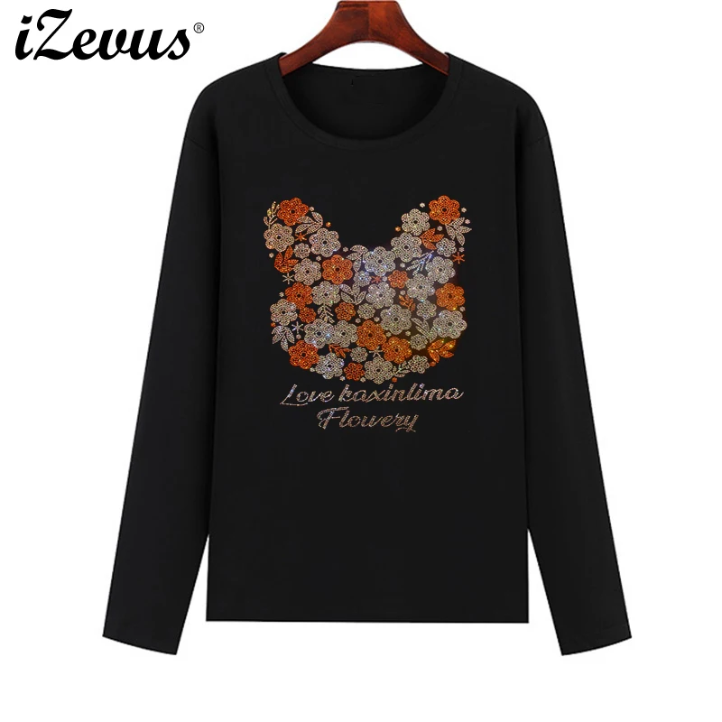 Hot sale high quality women's fall long-sleeved hot drilling craft T-shirt creative shiny flowers drill figure T-shirt S-4XL