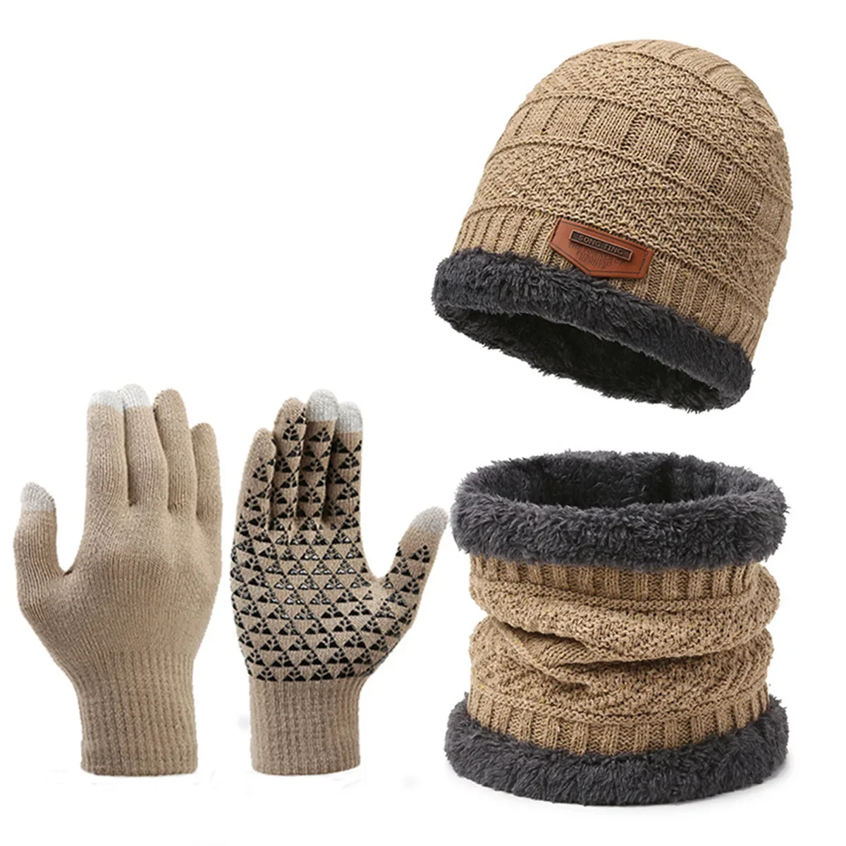 Autumn Winter Knit Beanie Hat Neck Warmer Scarf and Touch Screen Gloves Set Fleece Lined Skull Cap for Men Women Outdoor