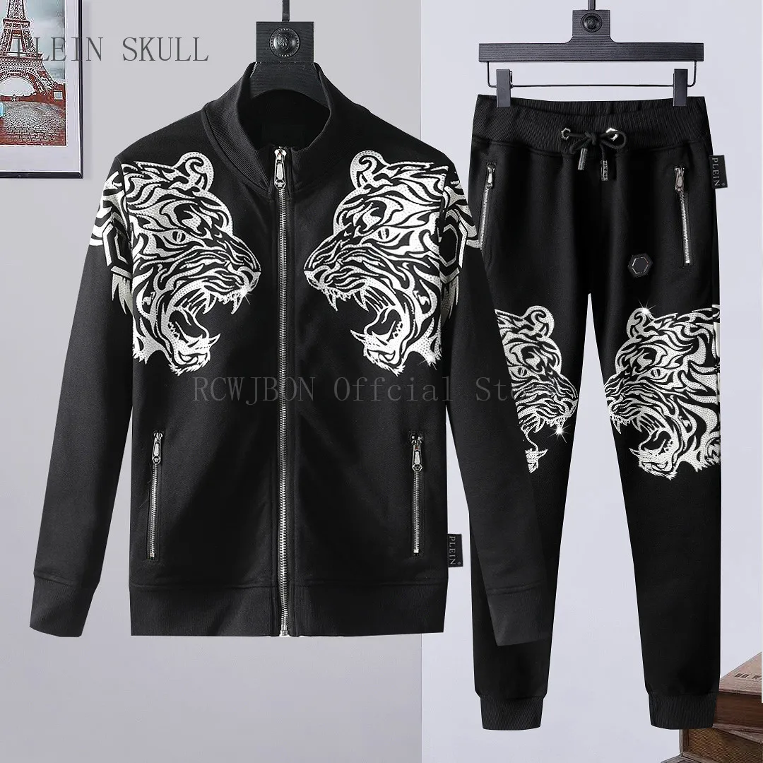 Plein Skull Spring Autumn Round Neck Set 2-piece Men's Casual Daily Coat Casual Pants Hip Hop Party Suit Luxury Brand M-XXXL