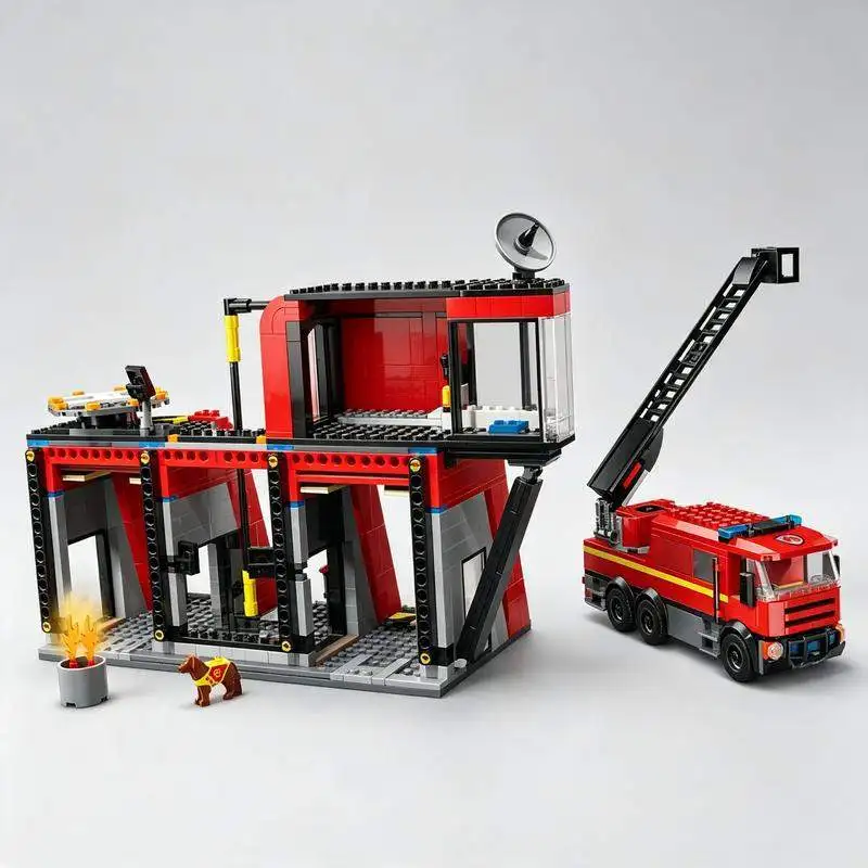 844PCS City Fire Station Rescue Truck Building Blocks Model Modular Emergency Garage Assembly  Creative Street View Display Gift