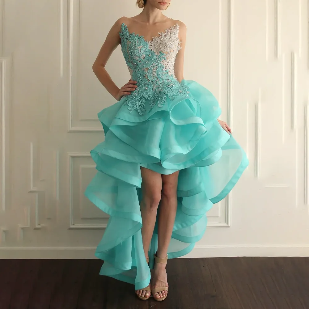 

Short Lace Appliques Beaded Evening Dresses Party Prom Gowns High Low Cocktail Long Sleeves Evening Dresses Customized