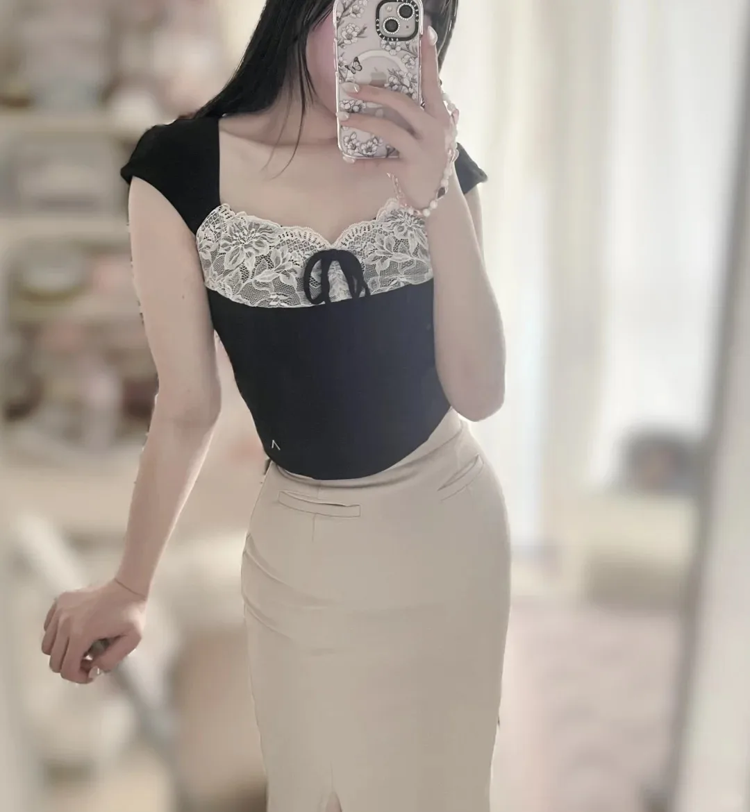 

Kuzuwata Pure Desire Lace Patchwork Half Sleeve Set Shirt Mid-length Vent Solid Straight Faldas Japan Elegant Luxury Mujer Skirt