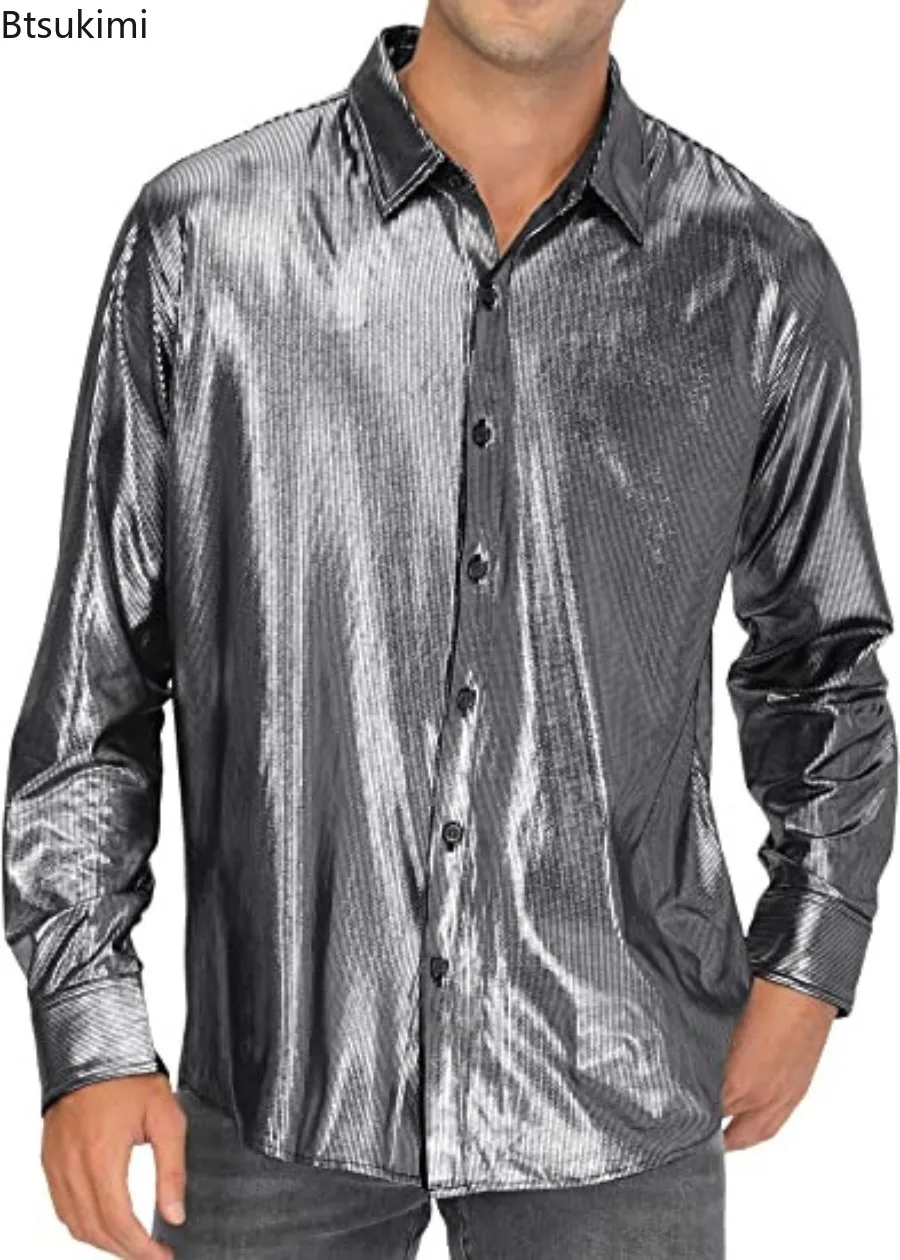Vintage Sequin Glitter Shirts for Men Dress Shirts Long Sleeve Lapel Button-up Tops Men Cosplay Clothing Fashion Bright T-shirts