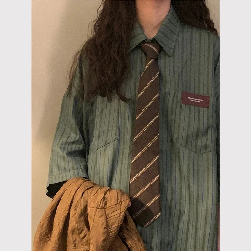 Vintage Striped Women with Tie Blouses Harajuku Oversized Loose Preppy Tops Japanese Summer Fashion Long Sleeve Shirts New