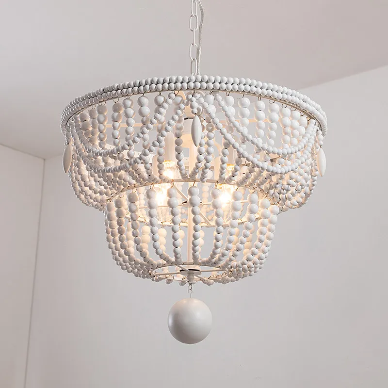 Bohemian White Wooden Bead Chandelier French Vintage Lighting For Girls' Princess Rooms, Living Room Bedrooms Dining Room
